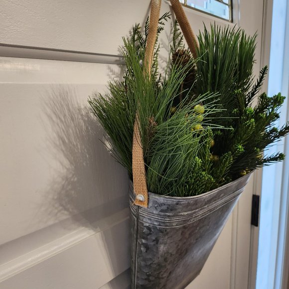 Faux Greenery and Berries in Galvanized Wall/Decor Pocket/Holiday Decor - Picture 3 of 10